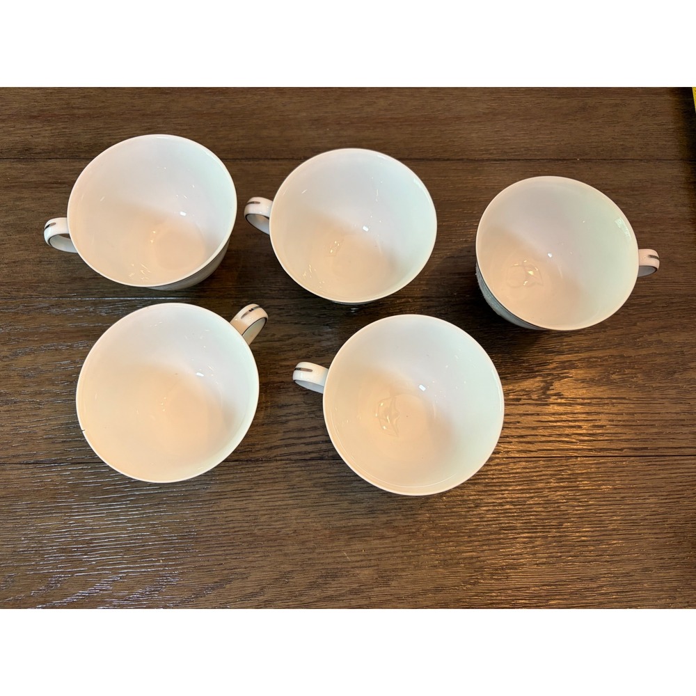 Linden Fine China Japan Tea Cups 5pc White Lace TM-1003 Silver Trim Vintage